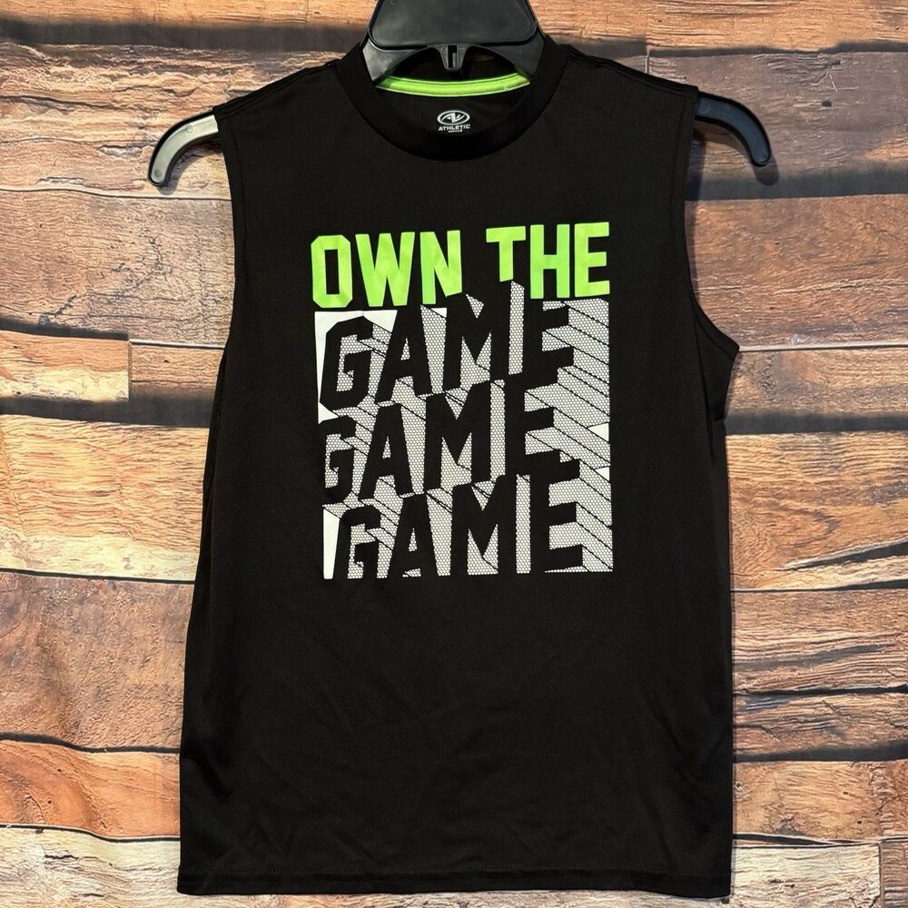 Athletic Works Boys Tank Top L 10-12 Black Sleeveless Shirt Own The Game Graphic